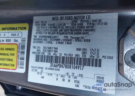 2013 Ford Fusion Se из США, поврежденный, VIN 3FA6P0H78DR104917